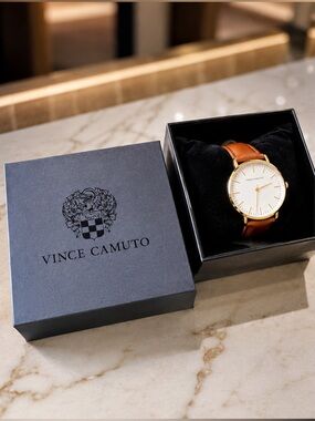 Vince Camuto Gold Case Brown Leather Strap Watch